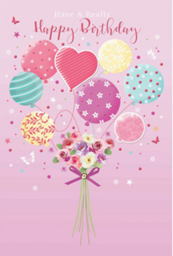 This birthday artwork tells a quiet story of celebration, as if captured in a moment between the bustle of Soho's streets and the calm of a hidden courtyard. The foundation is a soft, rosy-pink background that feels like early evening light reflecting off old brick walls. Rising from the centre is a charming bunch of pastel balloons, each one gently glowing with colour. Shades of pale sunshine, rosy fuchsia, mint green, and lavender wash across their rounded forms, adorned with patterns that add character without clutter: delicate stripes twist upward, tiny polka dots seem to jig with joy, and subtle floral accents nod to nature in the midst of the city. The balloons appear to lift a petite, hand-tied bouquet, which nestles at the base as though weightless. Its blooms recall small roses and daisy-like flowers, their velvet petals delicately shaded from cream to rosy blush, like petals just opening in a window box off Greek Street. The bouquet is cinched with a purple bow that bears a gentle sparkle, its satin texture contrasting beautifully with the imagined softness of the petals. Around it, tiny butterflies and star-like details hover in the air, adding a whimsical, almost dreamlike quality, as if this scene were a snapshot from a birthday wish drifting over Soho Square. Light in the illustration is calm and diffuse, catching the curves of balloons and the edges of petals in subtle highlights, creating depth while preserving a sense of serenity. The overall impression is one of gentle jubilation and care - the kind of design that mirrors a thoughtful birthday bouquet delivered discreetly to a studio or bar tucked between Wardour Street and Frith Street.