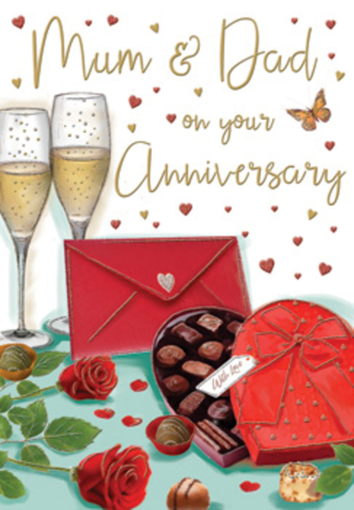 Celebratory anniversary card artwork that conjures the cosy energy of an evening in Soho, styled like a romantic tabletop arrangement. The central focus is a pair of slim, elegant champagne flutes standing close together, each one filled with sparkling golden champagne. Delicate streams of bubbles rise through the liquid, catching soft highlights as if reflecting candlelight from a nearby Soho townhouse window. In front of the glasses, an open heart-shaped box of chocolates in a deep, luxurious red takes pride of place. Its lid is tipped back, revealing perfectly aligned rows of plump truffles, each piece shaded to show rich textures from glossy finishes to velvety dustings. A dramatic red bow sweeps across the box, the satin loops and tails painted with fine detail that makes them appear touchably smooth. Lying alongside, two sumptuous red roses rest on the tabletop, their petals full and velvety, framed by fresh green leaves that call to mind a hand-selected bouquet from a local Soho florist just off Carnaby Street. A few chocolates are scattered casually around the base, adding an enticing sense of movement. Floating above, little hearts in crimson and gold drift across the background, softly framing the handwritten-style greeting addressed to Mum & Dad. A striking scarlet envelope, sealed and angled slightly, suggests an intimate love note or family message waiting to be opened. The palette of warm reds, glowing golds, and gentle shadows creates an atmosphere reminiscent of a tucked-away Soho wine bar, capturing the warmth, indulgence, and enduring affection of an anniversary celebrated in the heart of the city.