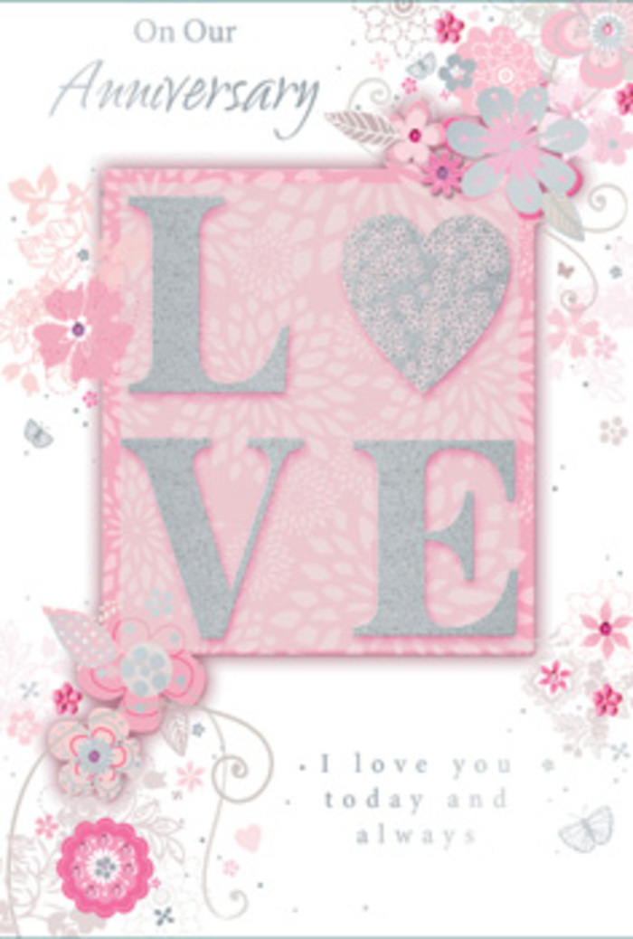Opening this anniversary card is like stepping into a sun-lit loft above Soho's streets where love is given space to breathe every day. The main motif, the word LOVE, stretches confidently across the centre in an elegant frosted glitter finish, each letter embellished with a soft, shimmering texture that catches light much like the play of sunshine on glass vases in a florist's studio near Carnaby Street. The raised letters offer a pleasing tactile quality, inviting a gentle touch. Around this word, airy, hand-drawn blooms seem to drift in from the edges of the card, as though carried on a soft breeze from a nearby flower stall. Their petals appear in blush pink, lilac, and creamy ivory, blending seamlessly in a harmonious palette that feels both modern and romantic. Fine flourishes trace between the flowers - delicate lines that curl into filigree swirls, slender leaves, and tiny, almost hidden butterfly shapes that suggest the quiet fluttering of hearts. The background remains a tender wash of pale pink, creating an open, luminous space that lets the floral details and typography stand out without crowding. Nestled within the design is the message I love you today and always, set in understated yet graceful type, giving the impression of words chosen with care after years of shared memories, perhaps of evenings wandering between Soho theatres and late-night cafés. The overall composition is balanced and thoughtful, much like a hand-tied bouquet: each visual element appears intentionally placed, yet retains a sense of effortless ease. It feels less like a simple greeting card and more like a paper bouquet imbued with gratitude, hope, and the promise of many more anniversaries to come.