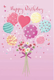 This playful birthday card design feels like a pocket of magic lifted straight from Soho's creative heart. Set against a soft pink backdrop, the scene centres on pastel balloons that float upward with spirited energy, almost as if they could drift over the neon signs and jazz bars. Each balloon has its own flair: some are wrapped in candy-coloured stripes, others are sprinkled with bright polka dots, and one standout heart-shaped balloon glows warmly at the centre, radiating affection and celebration. The colours - creamy peach, seafoam green, lavender, and butter-yellow - blend together with the ease of a painter's palette on an artist's table off Old Compton Street. Below this airy cluster, a dainty bouquet rests at the base, gathering roses and anemone-like blossoms in tones of ivory, blush pink, and muted mauve. Their feathery petals cuddle close, suggesting blossoms chosen fresh that morning, the way a local florist might pick the best stems for a Soho birthday surprise. A violet satin bow wraps around the stems, its smooth ribbon catching faint highlights that mirror the gentle shine of the balloons above. Scattered around the bouquet are tiny stars and butterfly motifs, like little sparks of fairy-tale wonder swirling in the air. The whole composition feels as light as a spring morning walk through Soho Square, carrying with it an imagined whisper of sweet, fresh fragrance. It captures the spirit of a birthday meant to be bright, intimate, and unforgettable - the sort of card you'd send alongside flowers arriving at a tucked-away office, studio, or apartment in the heart of Soho.