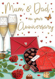 Warm, romantic anniversary card illustration that could easily belong on a table in a snug Soho flat overlooking Dean Street. The artwork presents a richly detailed still life: two tall champagne flutes stand close together, each delicately drawn with clear, reflective glass and filled with sparkling golden champagne. Bubbles curl upwards in gentle trails, suggesting a toast about to be shared. In front of them, a heart-shaped chocolate box in a deep, scarlet red hue sits invitingly open, its interior lined with an orderly selection of glossy truffles and chocolates. A wide, luxurious red bow, shaded to look like smooth satin ribbon, drapes across the lid, hinting at the pleasure of untying a lovingly wrapped gift. Nestled nearby are two classic red roses, their velvety petals opening in generous, layered spirals, framed by vivid green leaves that echo the freshness of blooms just collected from a Soho flower stall on Brewer Street. A few chocolates have fallen artfully onto the table, their shapes and tones adding to the sense of abundance. Scattered gold and crimson hearts float across the soft background, forming a gentle frame around the handwritten-style message for Mum & Dad, lending a playful yet heartfelt charm. Off to one side rests a sealed red envelope, slightly angled, implying a personal, handwritten anniversary message full of gratitude and fond memories. The whole scene is bathed in warm, rosy light, evoking the glow of evening in Soho and the deep comfort of sharing another year together, surrounded by simple luxuries: flowers, chocolate, champagne, and love.